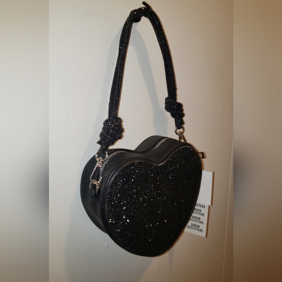 Kimchi Blue NWT Black Rhinestone Heart Mini Baguette Bag |Coquette Girl Y2K Glam - Picture 7 of 12